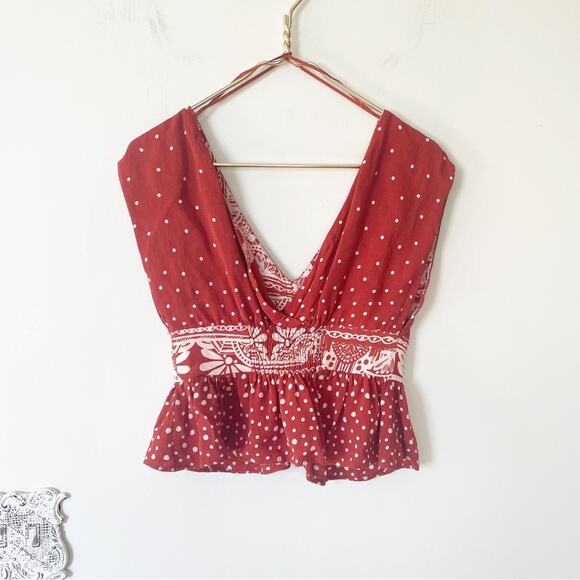 Free People Babylon River Red Clay Deep V Peplum Top XS - Picture 5 of 9